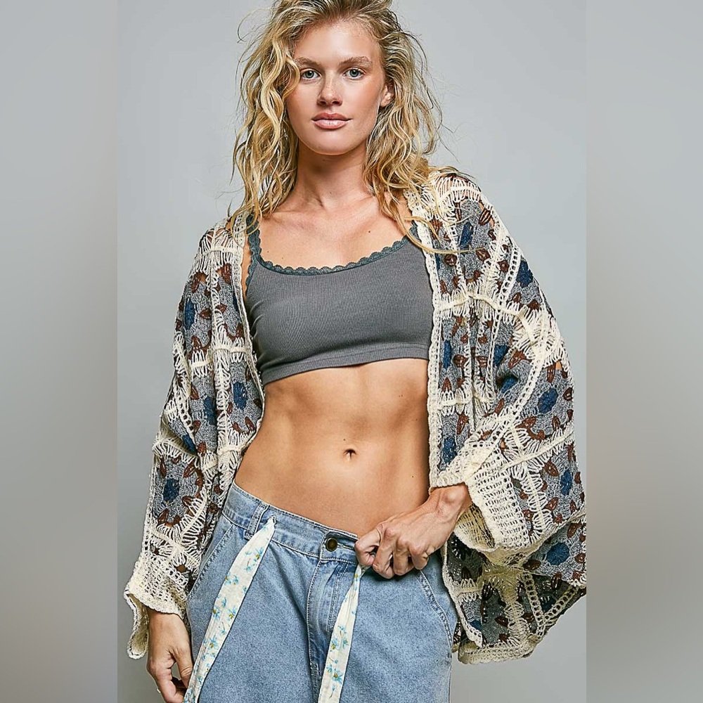 K76. POL Cream Crochet Kimono with Blue and Brown Accents